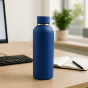 Borraccia termica 500 ml in acciaio inox a doppia parete, mantiene 12h caldo e 24h freddo. Elegante e resistente, disponibile in blu, grigio, rosso e verde.